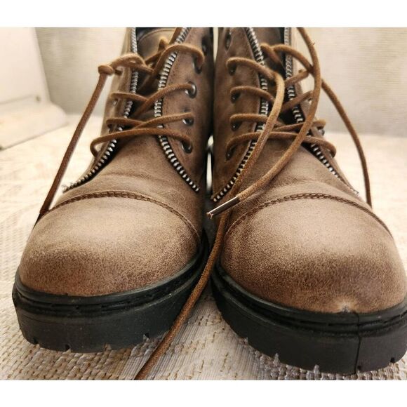Qupid tan tie booties with unique zipper trim outdoor commando soles hiking work - Picture 9 of 11